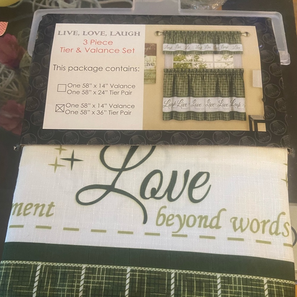 Kitchen curtains 3 piece tier and valance set 2 green and 1 burgundy